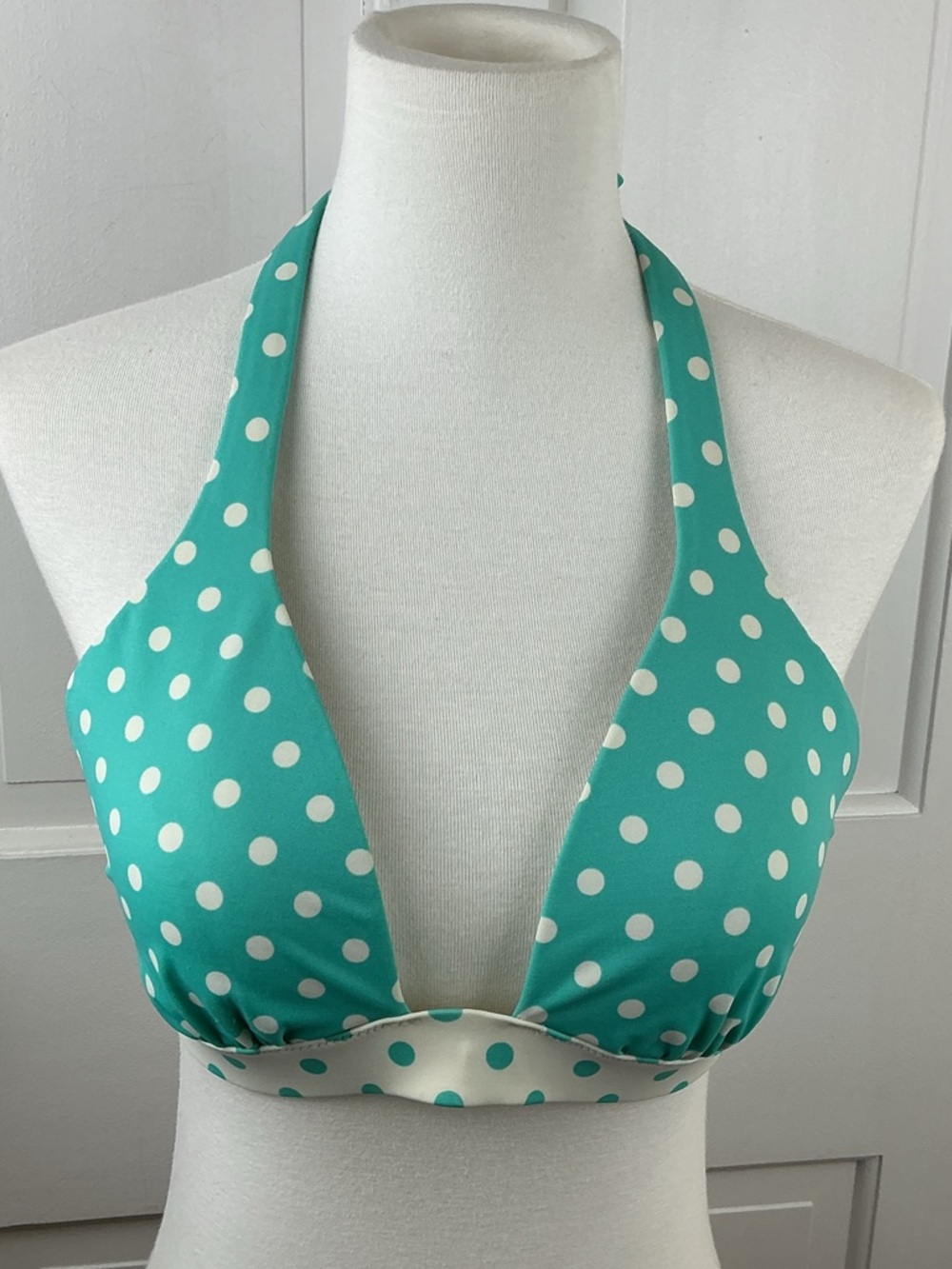 Victoria's Secret Aqua and White Polka Dot Halter Bikini Top M